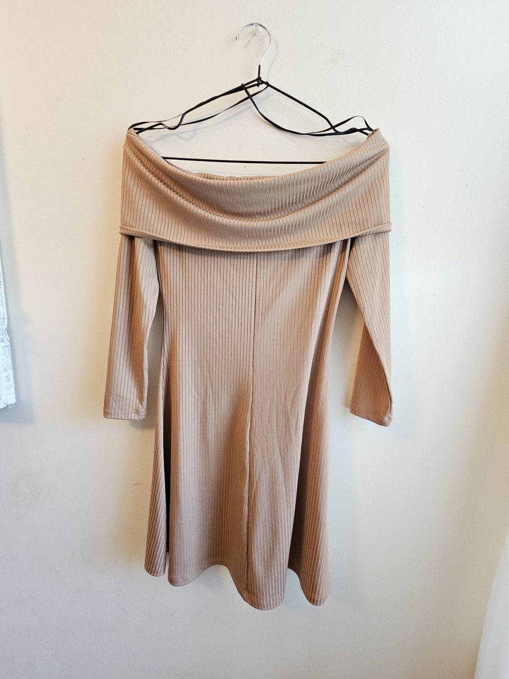 H&M Off-Shoulder Ribbed Dress in Taupe Beige